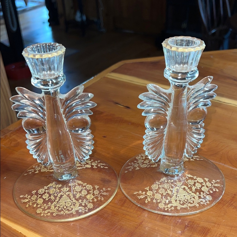 1930s Antique Paden City Glass Crystal Maya Candlestick Holders 6.5" etched Pair